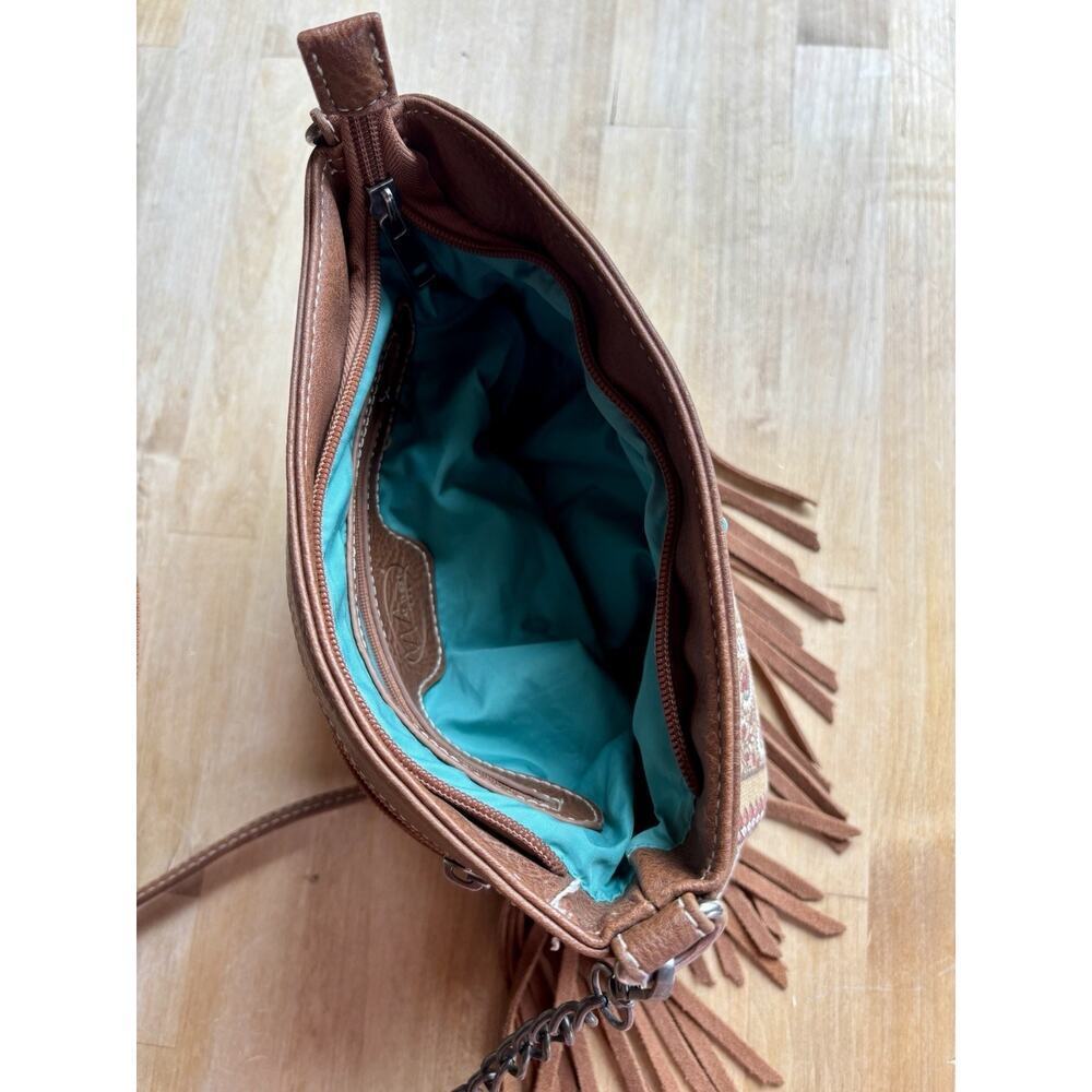 Brown Turquoise Studded Fringe Western Boho Chain Crossbody Shoulder Bag - Picture 9 of 12